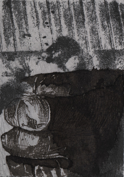 Aquatint and ink drawing of girl with gorilla hand